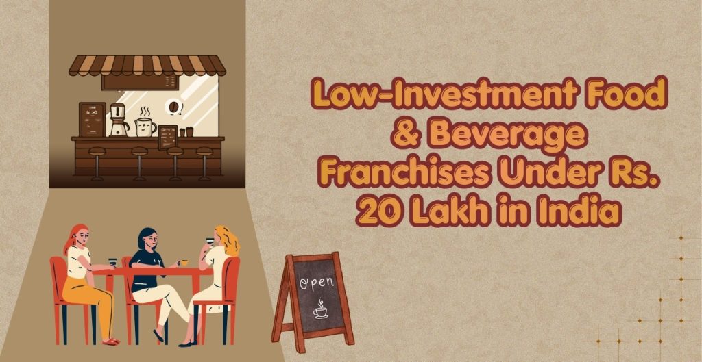 Illustration of a small cafe and customers with text highlighting low-investment food and beverage franchise opportunities under Rs. 20 lakh in India.